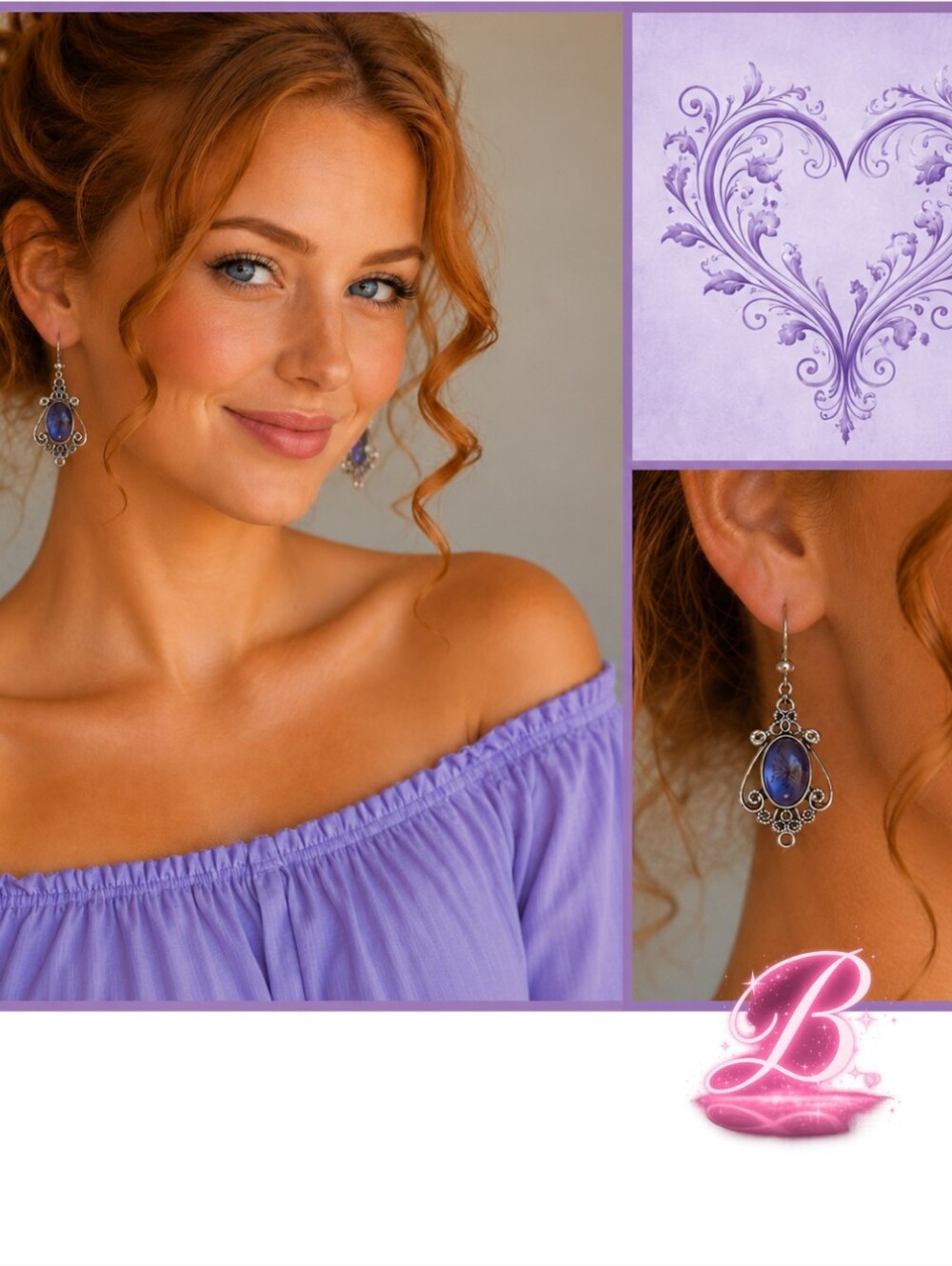 Boho Silver Tone Lavender Stone Filigree Dangle Earrings NWT